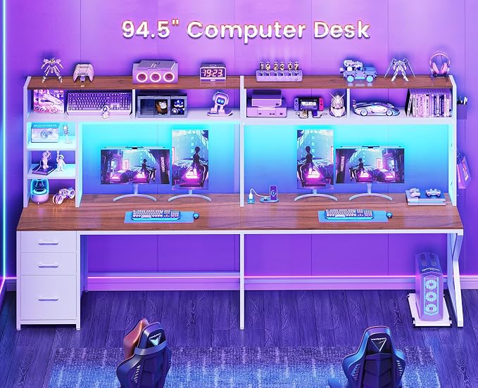 SEDETA L Shaped Gaming Desk with Storage Drawers and Hutch, Convertible 94.5" Computer Desk with Drawers, Corner Computer Desk with Power Outlet, LED Lights, Pegboard for Home Office, White and Brown - Image 3