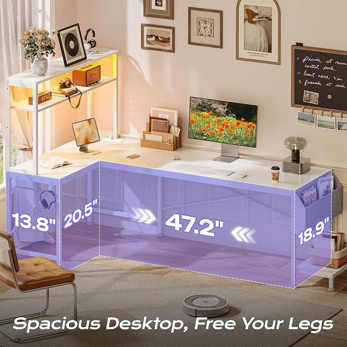 PRAISUN L Shaped Gaming Desk with LED Lights & Power Outlets | Reversible Computer Desk with Storage Shelves & Bag, Large Corner Home Office Desk with Pegboard for Work from Home, White - Image 5