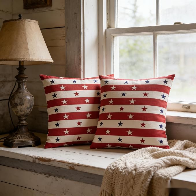 Patriotic Throw Pillow Covers, Stars and Stripes, Red White and Blue, Linen, 18x18 Inch, Set of 2, Zipper Closure，July 4th Independence Day Pillowcase Series - Image 4