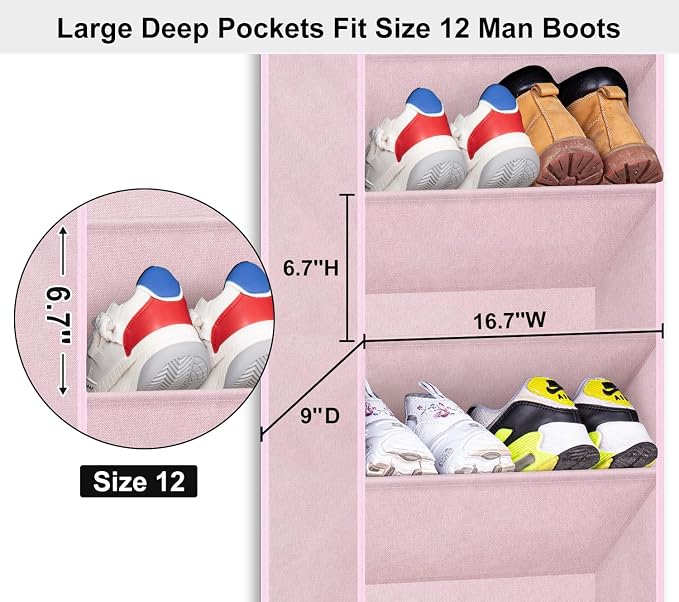 SLEEPING LAMB Over The Door Shoe Organizer for Closet with Large Deep Pockets, Narrow Shoe Rack for Door Hanging Boots Storage, Pink - Image 3