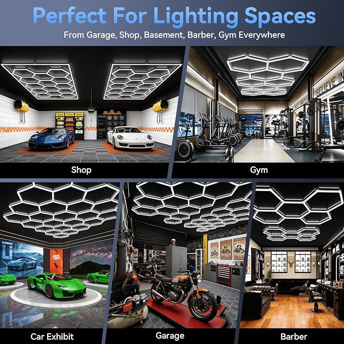 LZHOME Hexagon LED Garage Light: Super Bright 39600LM 11 Grids Hexagon Garage Light, 5000K Honeycomb Lights Ceiling for Garage, Warehouse, Car Detailing Shop, Exhibition Hall, Gym - Image 8