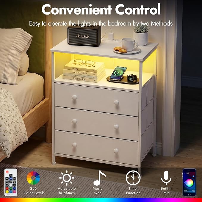 3-Drawer LED Nightstand Set 2 with Charging Station, White - Image 5