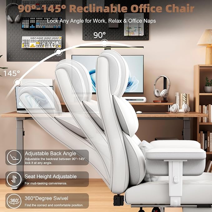 Vonesse Office Chair, Desk Chair with Soft Adjustable Armrests, Ergonomic High Back Gaming Chair with Lumbar Support, Executive Computer Chairs with Footrest (PU Leather,White) - Image 7
