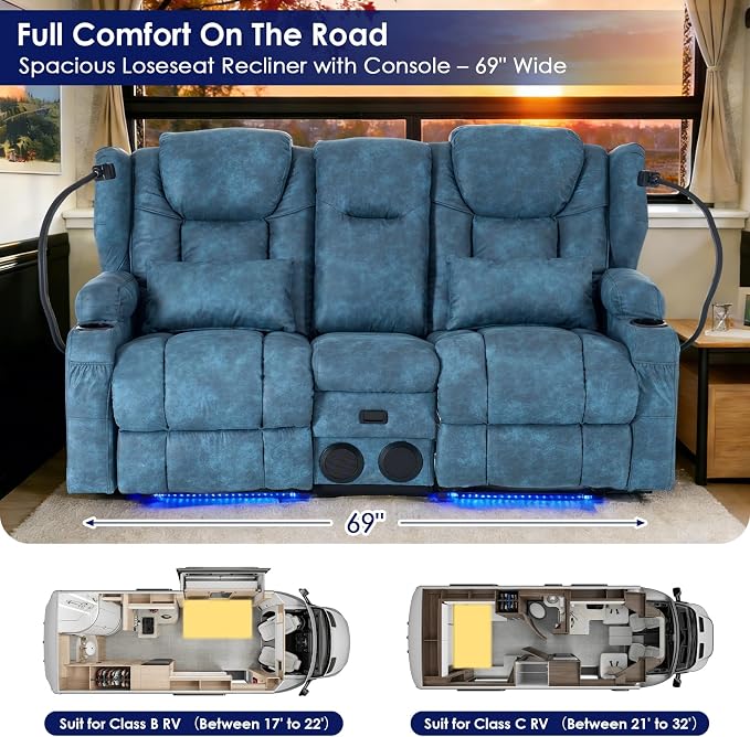 Redlife Power Loveseat Recliner Sofa with Console, Blue LED Lights - Image 8