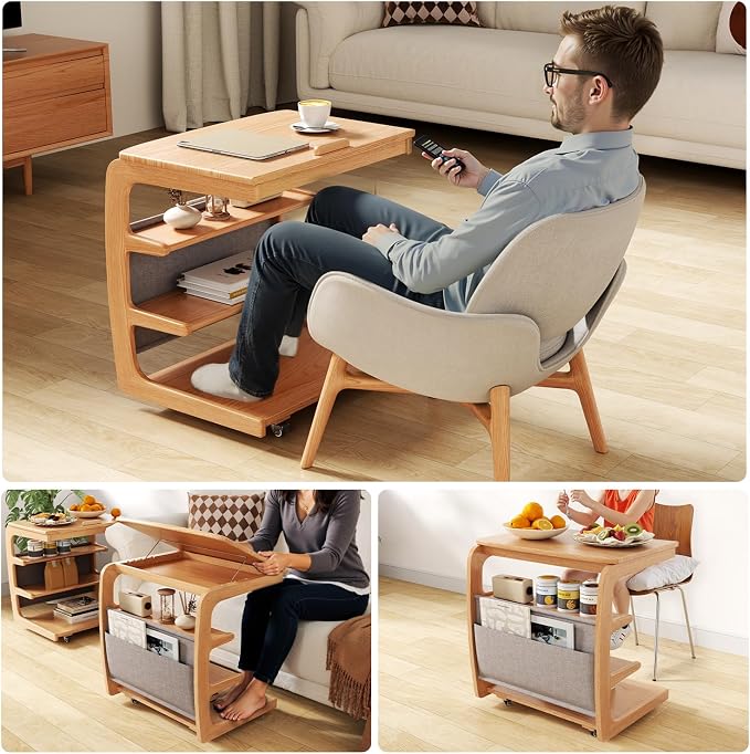 AQIMUELE Rolling Side Table, C Shaped End Table, C Table with 4 Wheels Solid Wood Small Rolling Desk with Adjustable Desktop,C Shaped End Table for Couch,Home Office(15.6" D x 23.6" W x 24.3" H) - Image 7
