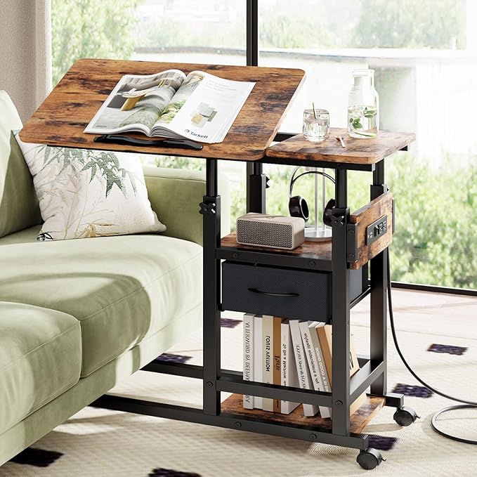 Adjustable Overbed Bedside Table with Wheels, Charging Station by DAPOTUGI