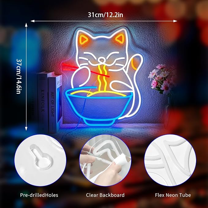 Neon Sign, Ramen Cat Neon Signs for Wall Decor LED Signs Neon Light - Image 3