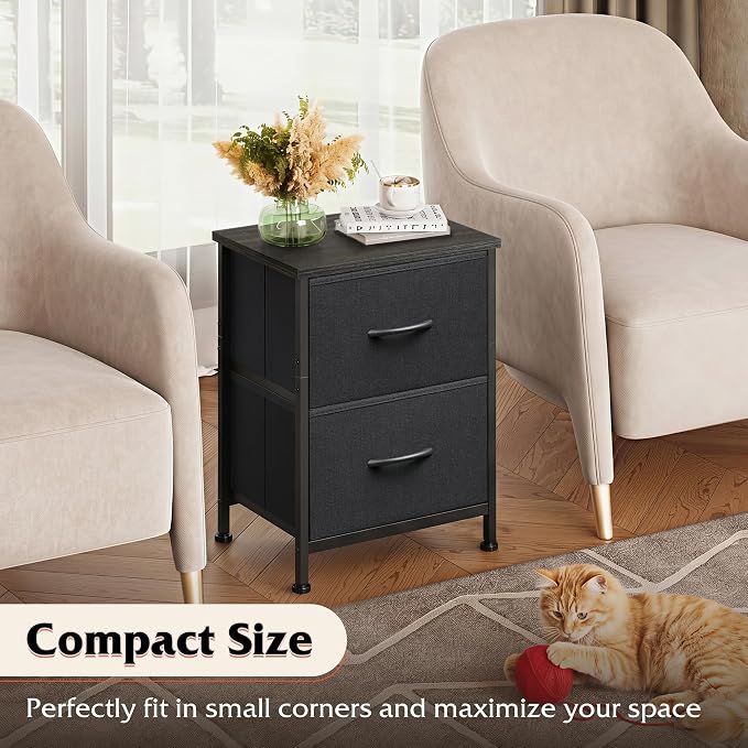 WLIVE Black Night Stand, Small Dresser with 2 Drawers & Wooden Top, Nightstand with Fabric Bins, Bedside Table End Table for Bedroom, Closet, Entryway, College Dorm, Charcoal Black - Image 7