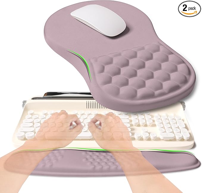 2-in-1 Ergonomic Set, Wave Rise Keyboard Wrist Rest and Massage Bulge Slope Mouse Pad Wrist Support, Cushion Memory Foam Integrated to Relieve Wrist Pain, Purple by KUOSGM