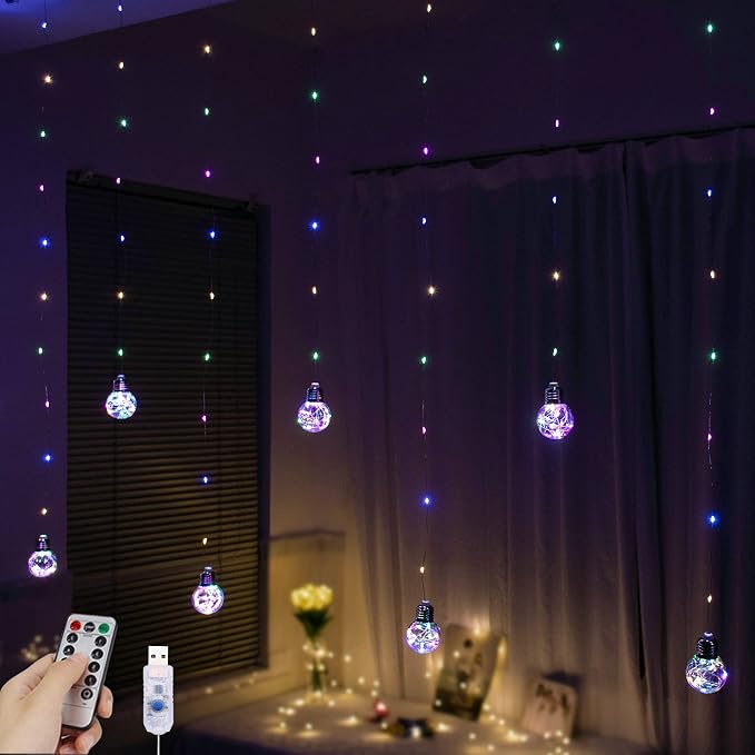 YOLIGHT Wishing Ball Curtain Lights 200 LED Window Curtain String Light with Remote, USB Battery Powered Twinkle Globe Fairy Lights for Wedding Party Bedroom Christmas Decoration (Multi-Colored) by Yolight