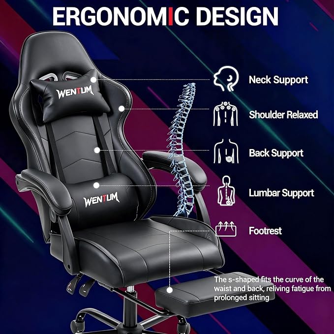 Gaming Chair with Footrest for Adults, PU Leather Massage Racing Video Game Chair with Lumbar Support for Men Women, Ergonomic Computer Chair for Home Office, Height Adjustable, Black - Image 4