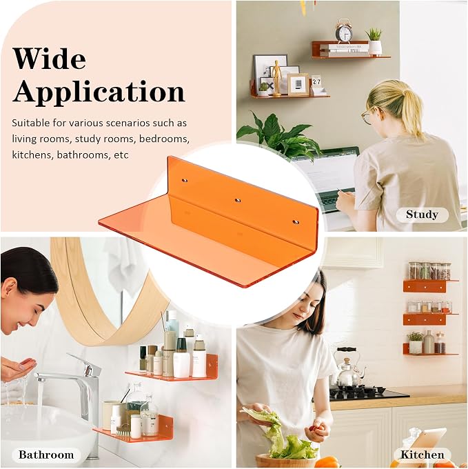 Sezanrpt 12 Inches Small Orange Wall Shelves Set of 2, Acrylic Floating Shelf for Bedroom, Living Room, Funko Pop Shelves, Smart Speaker, 2 Pack - Image 6