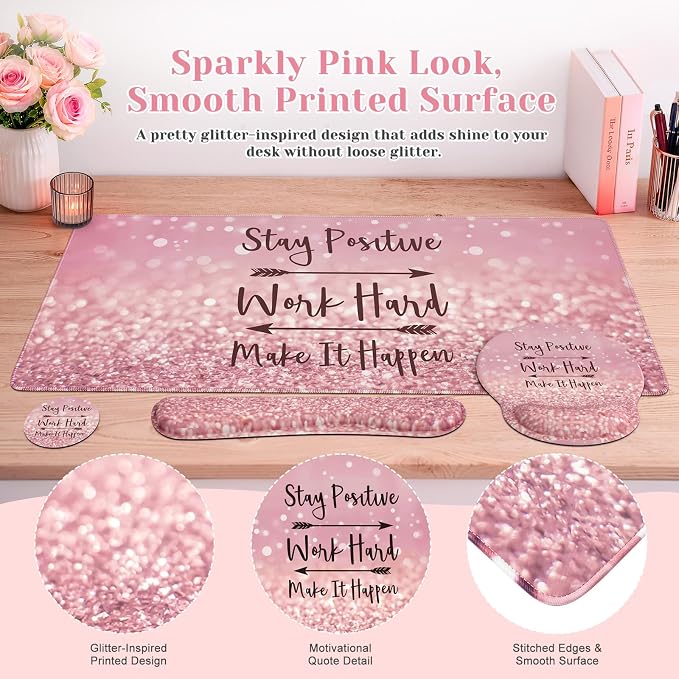 iCasso Pink Ergonomic Mouse Pad with Wrist Rests Set for Desk Accessories - Image 3