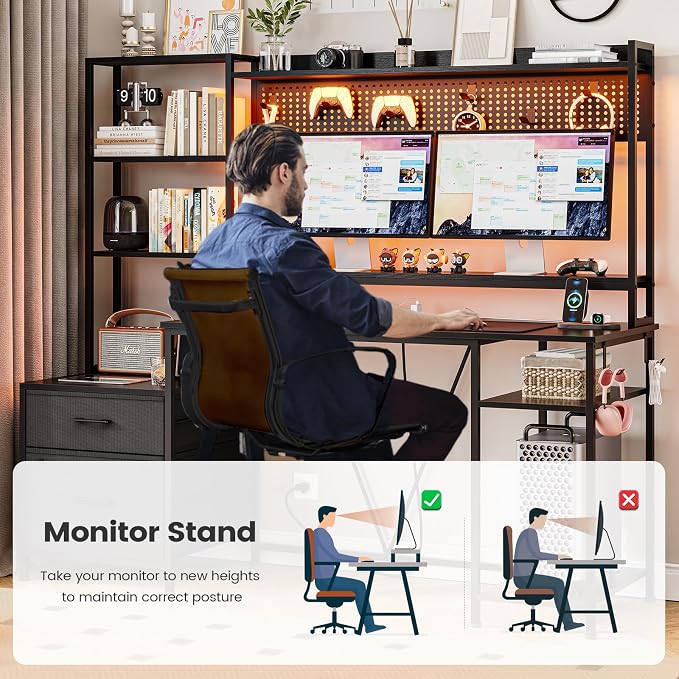 UPOSOJA Gaming Desk with Hutch, 65in Reversible Computer Desk with Power Outlets LED Light, Home Office Desk with Monitor Stand 2 Drawers 4 Storage Shelves Pegboard 8 Hooks Mouse Pad (Black) - Image 7
