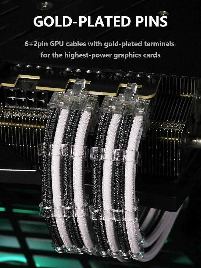 Sirlyr PSU Cable Extension,Customed Pre-Bend PC Power Supply Cable,1x 24 Pin ATX / 1x 8 (4+4) Pin EPS/Longer 2X 8 (6+2) Gold-Plated Pin Pcie,Nylon Sleeved Black White,4 Kits - Image 6