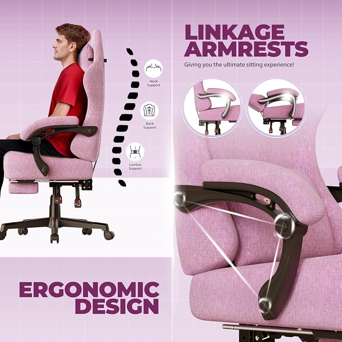 GTPLAYER Big and Tall Gaming Chair 400lbs Heavy Duty Office Chair with Foot Rest, High Back Pocket Spring Ergonomic Computer Chair for Adults, Wide Comfy Seated Cushion with Linkage Armrests, Pink - Image 6