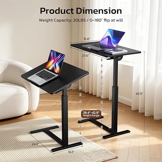 Mobile Standing Desk Adjustable Overbed Table, Pneumatic Height Adjustable Rolling Laptop Desk with Hidden Wheels, 0-180°Tilt Top Rolling Computer Cart Foldable for Home Office, Craft & Study, Black - Image 3