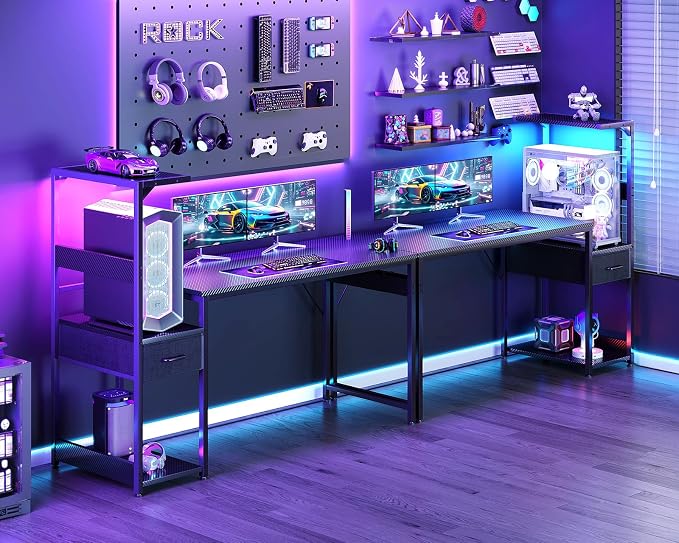 Casaottima 54'' Gaming Desk with LED Lights & CPU Stand, Reversible Computer Desk with Storage Shelves & Fabric Drawer, Modern PC Gamer Table with Headphone Hook, Carbon Fiber Black - Image 2