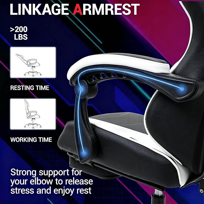 Gaming Chair with Footrest for Adults, PU Leather Massage Racing Video Game Chair with Lumbar Support for Men Women, Ergonomic Computer Gamer Chair for Home Office, Height Adjustable, White - Image 5
