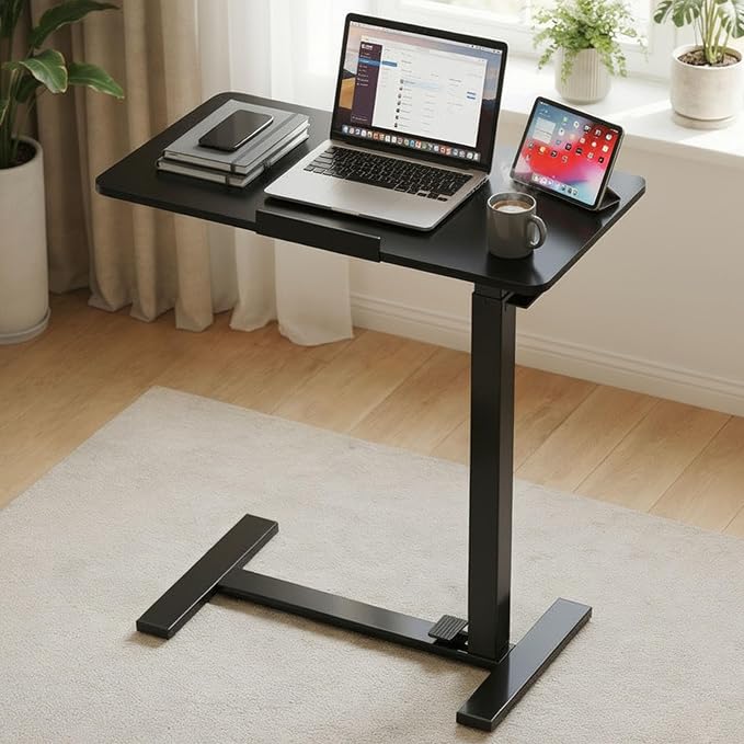 Adjustable Overbed Bedside Table with Hidden Wheels, Mobile Standing Desk with Pneumatic Lift, Portable Computer Workstation Cart for Bed, Couch, Office, Sofa, Black by HAPPYMONTLLC