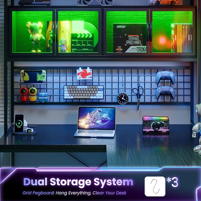 DurayLoly 67" L Shaped Gaming Corner Desk with LED Light, Hutch,Black | Reversible Computer Desk with 2 Drawers,Storage Shelves,Pegboard with 3 Hooks,Power Outlet for Home Office,Bedroom - Image 9