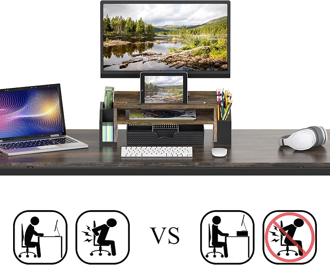 Simple Houseware Desk Monitor Stand Riser w/ Adjustable Tray, Rustic Brown | Built-In Tablet Slot and Side Storage - Image 3