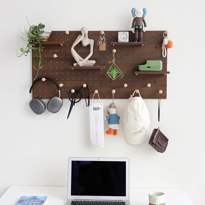 Wooden Pegboard Modular Display Organization Storage Wall Hooks Shelf (Walnut Colored Finish-B-4) - Image 4