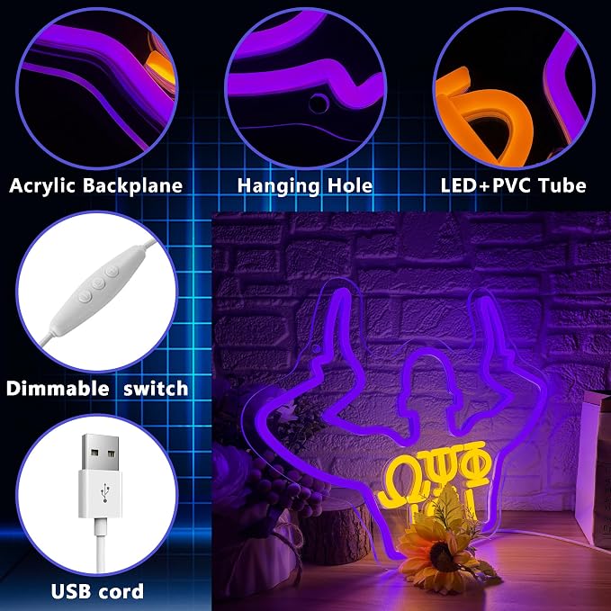 Omega Neon Light Sign Dimmable LED Greek Gesture Shape Retro Math Letter Psi Phi Neon Light, Party Bar Game Room Cinema Living Room Decor Festive Omega Birthday Holiday Gifts(15.7 * 11.8in) - Image 3