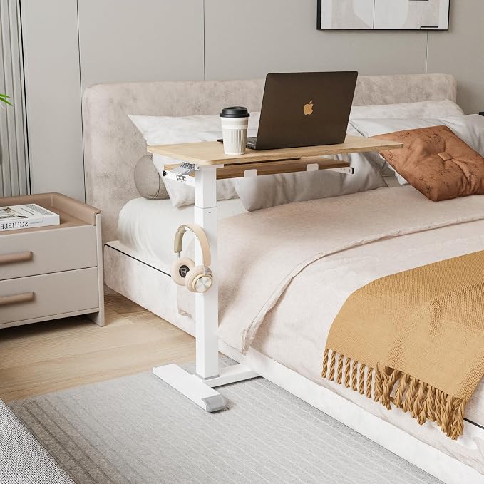 ETHU Height Adjustable Mobile Overbed Table with Keyboard Tray, Oak - Image 4