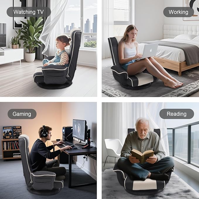 Swivel Floor Chair for Adults, 14-Position Adjustable Floor Gaming Chair with Back Support & Armrests, Foldable Lazy Sofa Lounge, Breathable Mesh for Gaming Reading Meditation (Grey/Beige) - Image 7