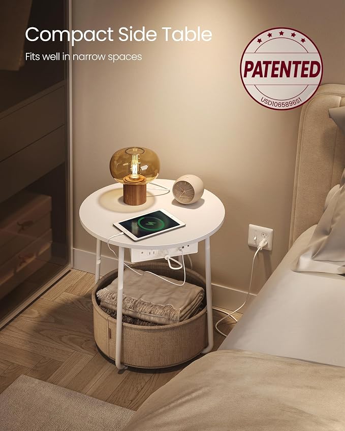 VASAGLE Side Table with Charging Station,Fabric Basket, Round End Table - Image 4