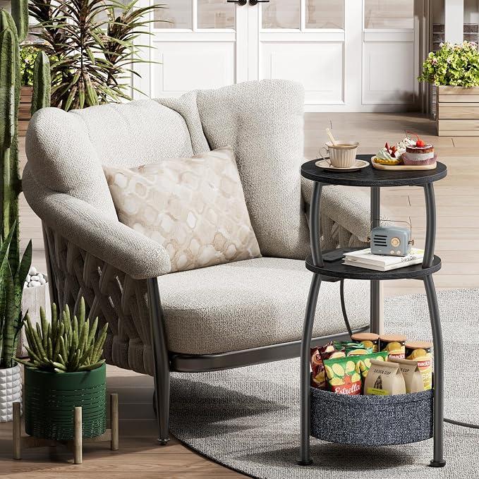Side Table with Charging Station, Small Round End Table with Basket - Image 6