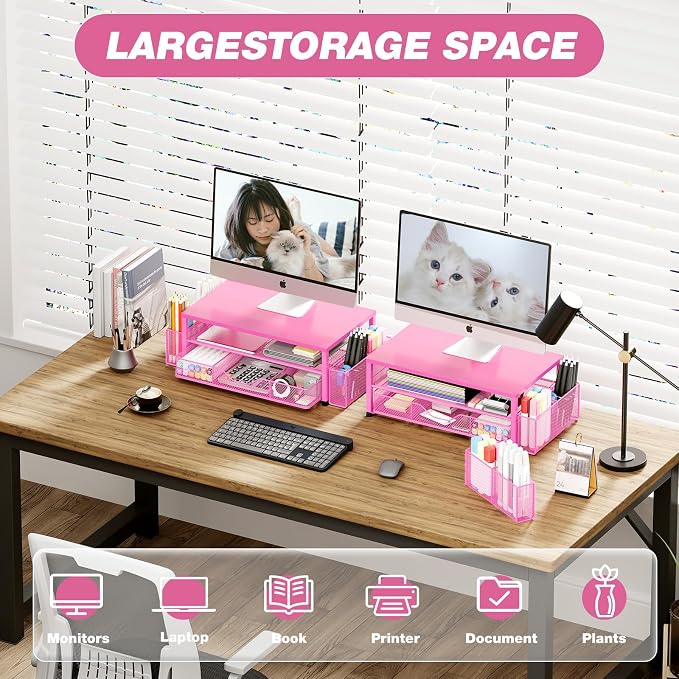 OPNICE Desk Organizers and Accessories, Computer Monitor Stand Riser with Drawer and 2 Pen Holders, Printer & Laptop Stand, Office Desk Accessories & Workspace Organizers for Home Office Supplies, Carmine Rose - Image 5
