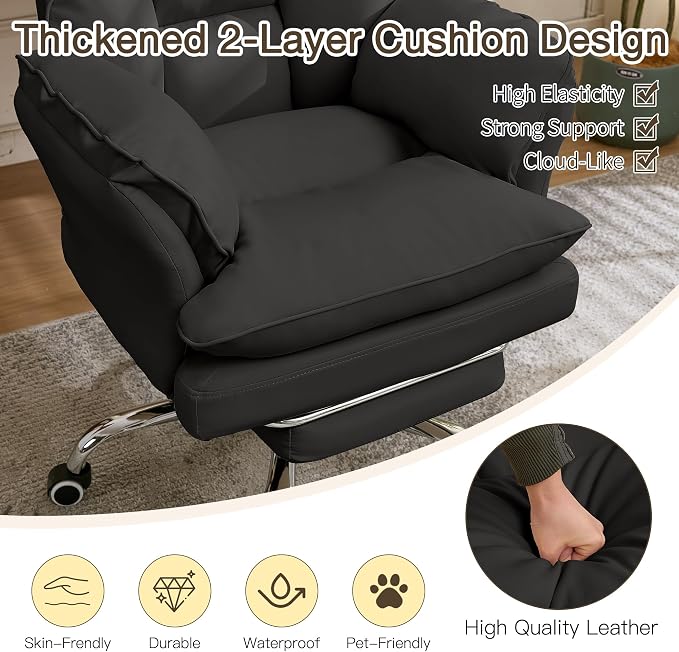 JOMEED Cloud Cross Legged Office Chair with Footrest and Flip Armrest,Black | Ergonomic Leather Big and Tall Executive Chair with Wheels,155° Reclining Computer Wide Desk Chair for Home,Office - Image 7