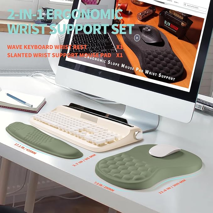 2-in-1 Ergonomic Set, Wave Rise Keyboard Wrist Rest and Massage Bulge Slope Mouse Pad Wrist Support, Cushion Memory Foam Integrated to Relieve Wrist Pain, Olive Green - Image 5