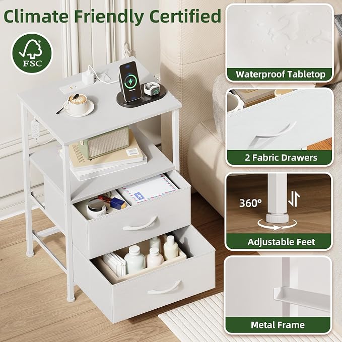 Somdot Nightstands Set of 2 with 2 Drawers, Charging Station & LED Light - Image 6