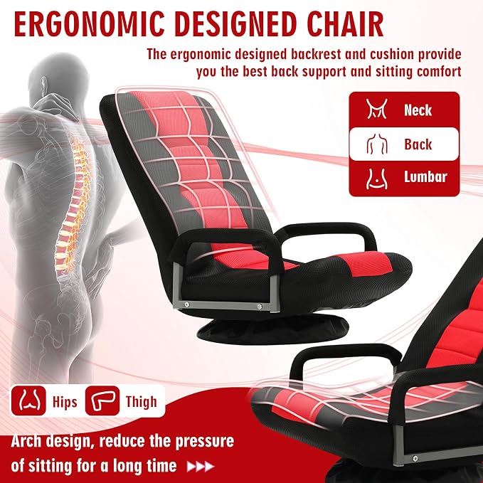 Swivel Floor Gaming Chair w/Armrests,Folding Video Reclining Sofa w/6 Adjustable Position, Padded Backrest & Cushion, Lazy Lounger Couch for E-Sports, Reading, Relaxing, Watching TV, Red - Image 5