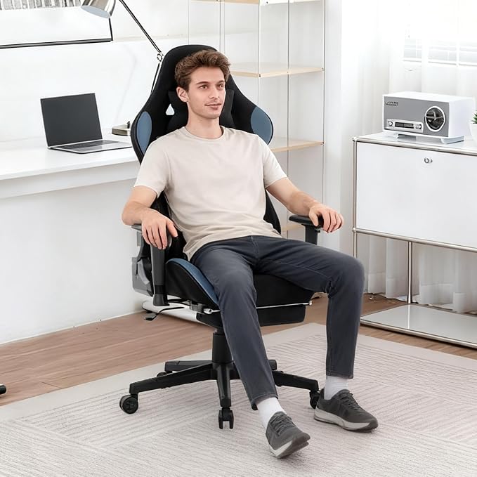 Symino Gaming Chair, High Back Ergonomic Office Chair with 2D Adjustable Armrests, 150° Recline, Breathable Faux Suede, Adjustable Headrest & Footrest for Home Office - Image 8