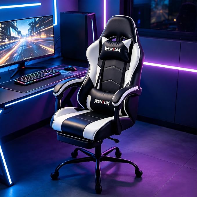 Gaming Chair with Footrest for Adults, PU Leather Massage Racing Video Game Chair with Lumbar Support for Men Women, Ergonomic Computer Gamer Chair for Home Office, Height Adjustable, White - Image 2
