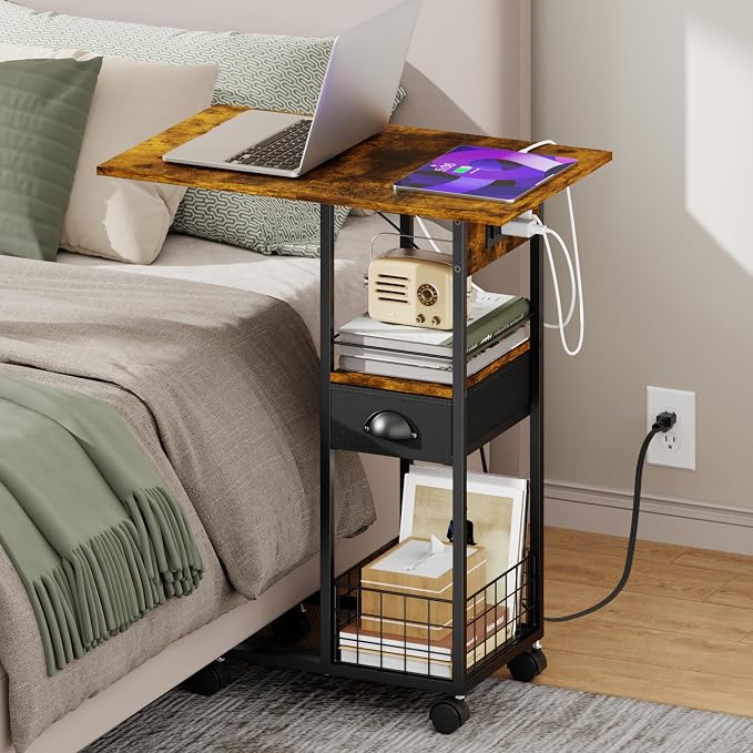 Rolling C-Shaped Side Table with Charging Station, Night Stand with Type-C & USB Port and Outlet for Bedroom, Spacious Coffee Table with Wheels for Living Room, Home Office, Small Space(Large Desktop) - Image 8