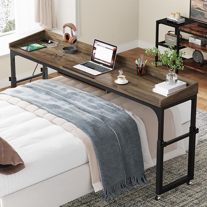 Tribesigns Height Adjustable Overbed Table with Wheels, Queen Size Over Bed Desk with Adjustable Tilt Stand, Mobile Laptop Cart Computer Desk with Outlets & USB Ports (Dark Gray) - Image 6