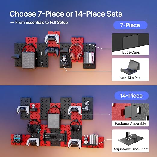 PEGZONE Controller and Headphone Holder Wall Mount, 14pcs, Black & Red | Modular Gaming Pegboard with Accessories, Controller Stand, Disc Shelf Organizer - Image 3