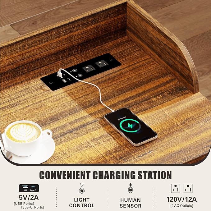 HWB Overbed Desk with Charging Station-Over Bed Table-Adjustable Length/Height with Wheels - Human Sensor LED Light Mobile Queen Size Bed Table Rolling Tray Table for Eating & Laptops, Brown - Image 3