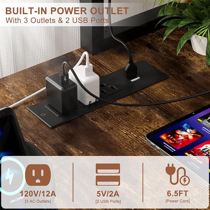 Aheaplus L Shaped Gaming Desk with Power Outlets & LED Lights, Rustic Brown - Image 3