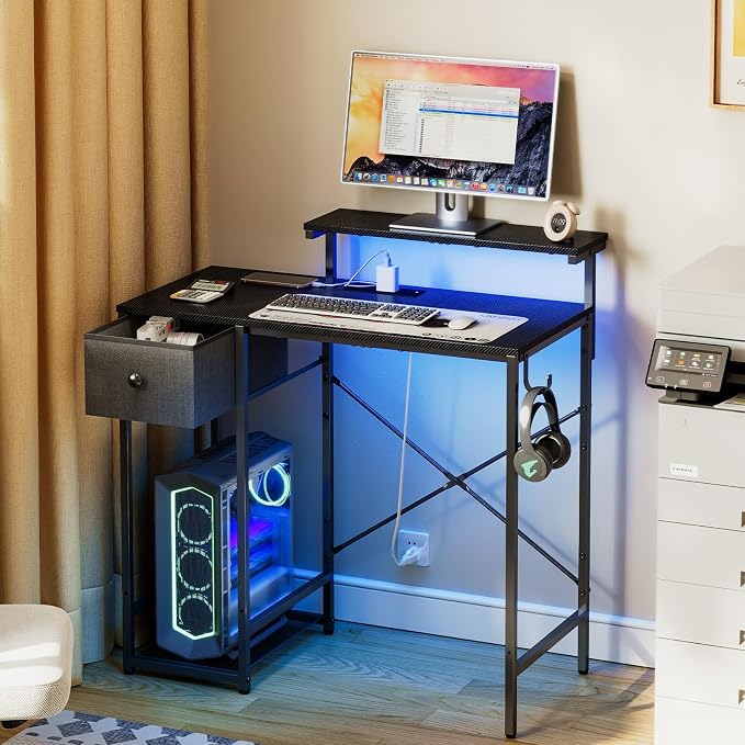 X-cosrack 33.5" Small Gaming Desk with LED Lights & Power Outlets, Drawers - Image 2