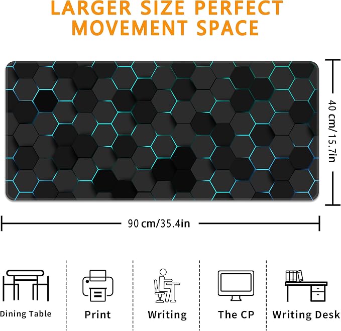 Blue Hexagon Honeycomb Desk Mat, XXL 35.4"x15.7" Large Mouse Pad, Geometric Extended Gaming Mouse Mat,Non-Slip Rubber Base Waterproof with Stitched Edges for Gaming Office Home Decor - Image 3