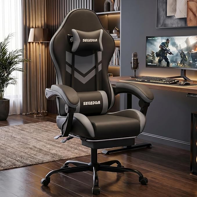 Gaming Chair with Footrest & Massage Lumbar Support, PU Leather Ergonomic High Back Swivel Height Adjustable Chair for Adults, Office Gaming, 300 lbs (Black Grey) - Image 2