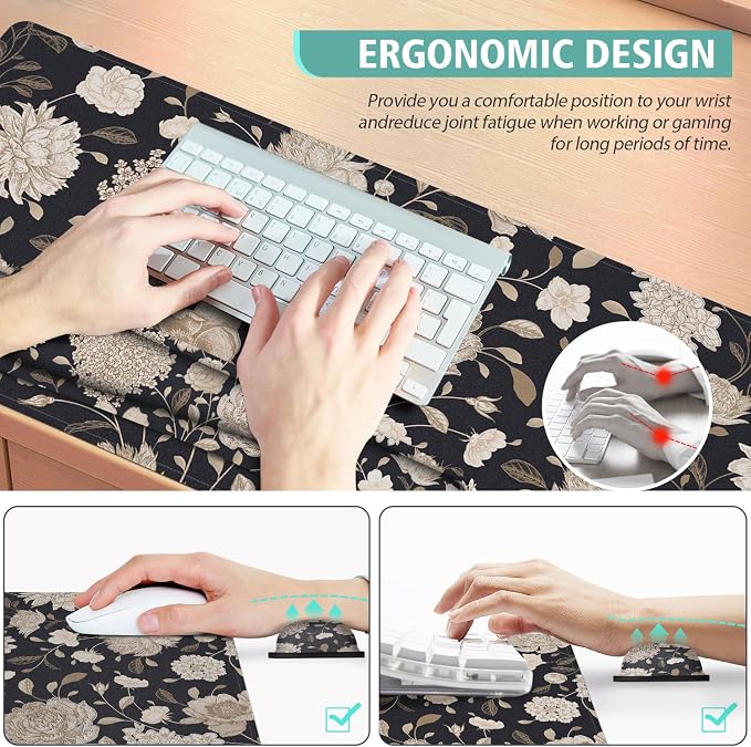 Floral Large Mouse Pad with Wrist Support Set of 4,Large Gaming Mouse Pad+Keyboard Rest+Mouse Wrist Rest+Coaster,Ergonomic Mouse mat,Anti-Slip,Memory Foam Desk Mat for Home Office Gaming (Rose) - Image 3