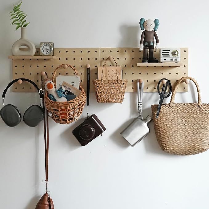 Wooden Pegboard Modular Display Organization Storage Wall Hooks Shelf (Birch Colored Finish-B) - Image 2