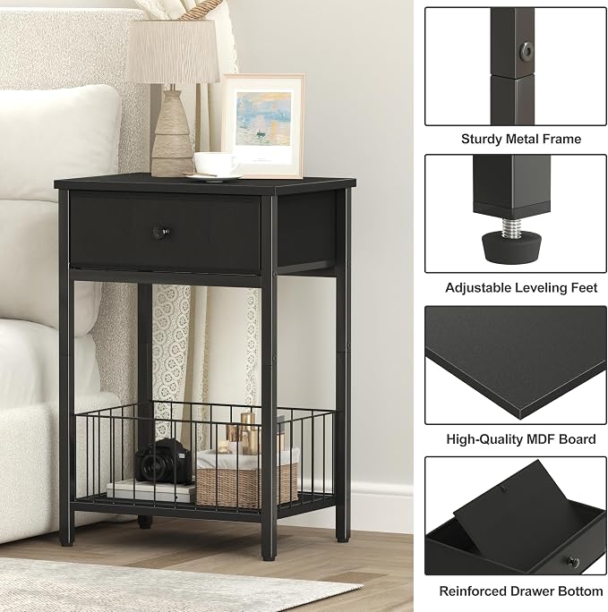 Nightstands Set of 2 with PU Leather Front Drawer, 3-Tier End Table with Bottom Mesh Basket, Industrial Bedside Tables for Bedroom, Black - Image 5